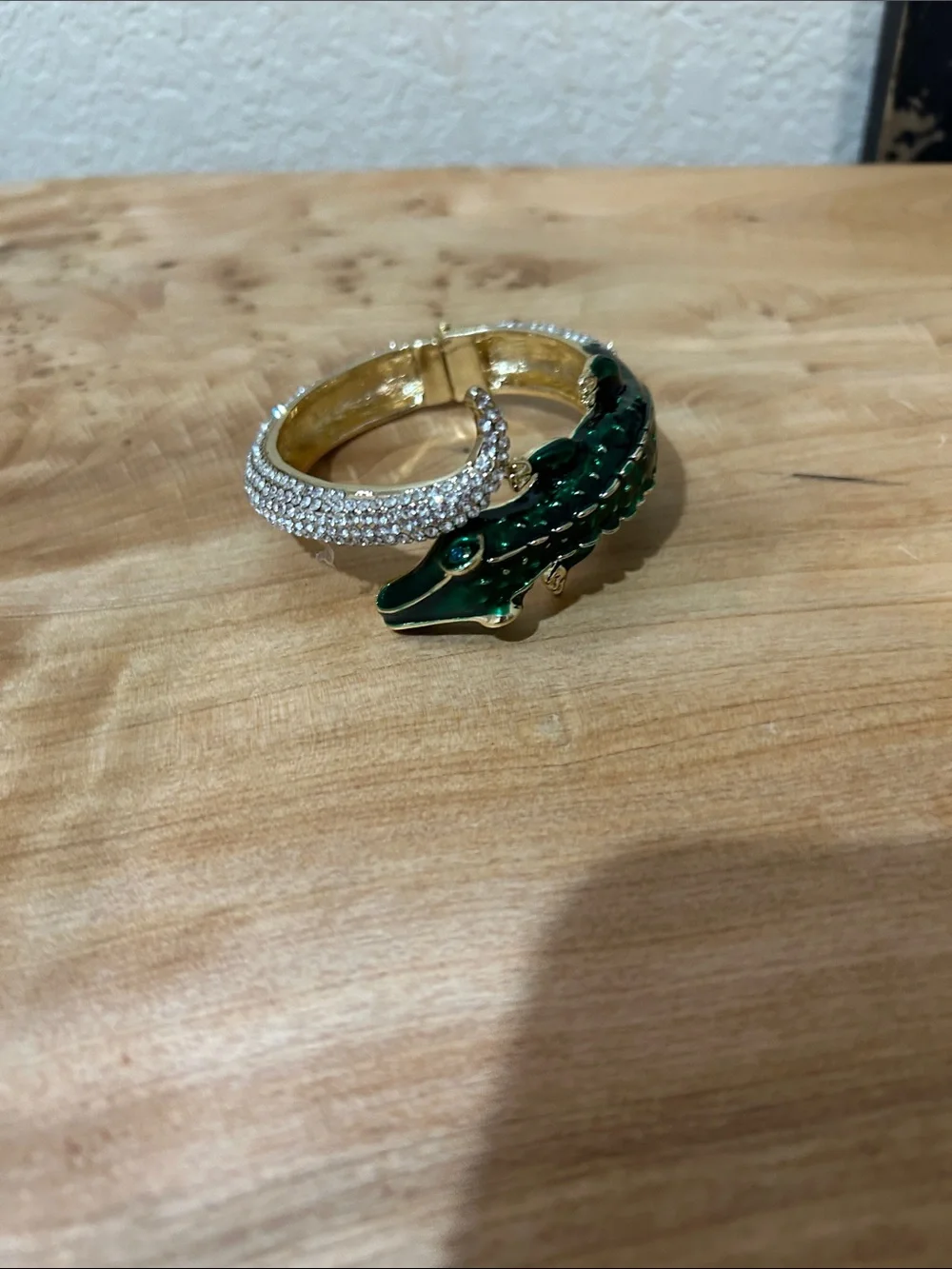 Gold-Tone Green Crystal Alligator Hinged Bangle Bracelet